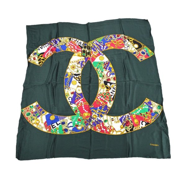 Auth Chanel Bijou Motif Big Scarf Stole Green Multicolor Silk - Picture 1 of 8